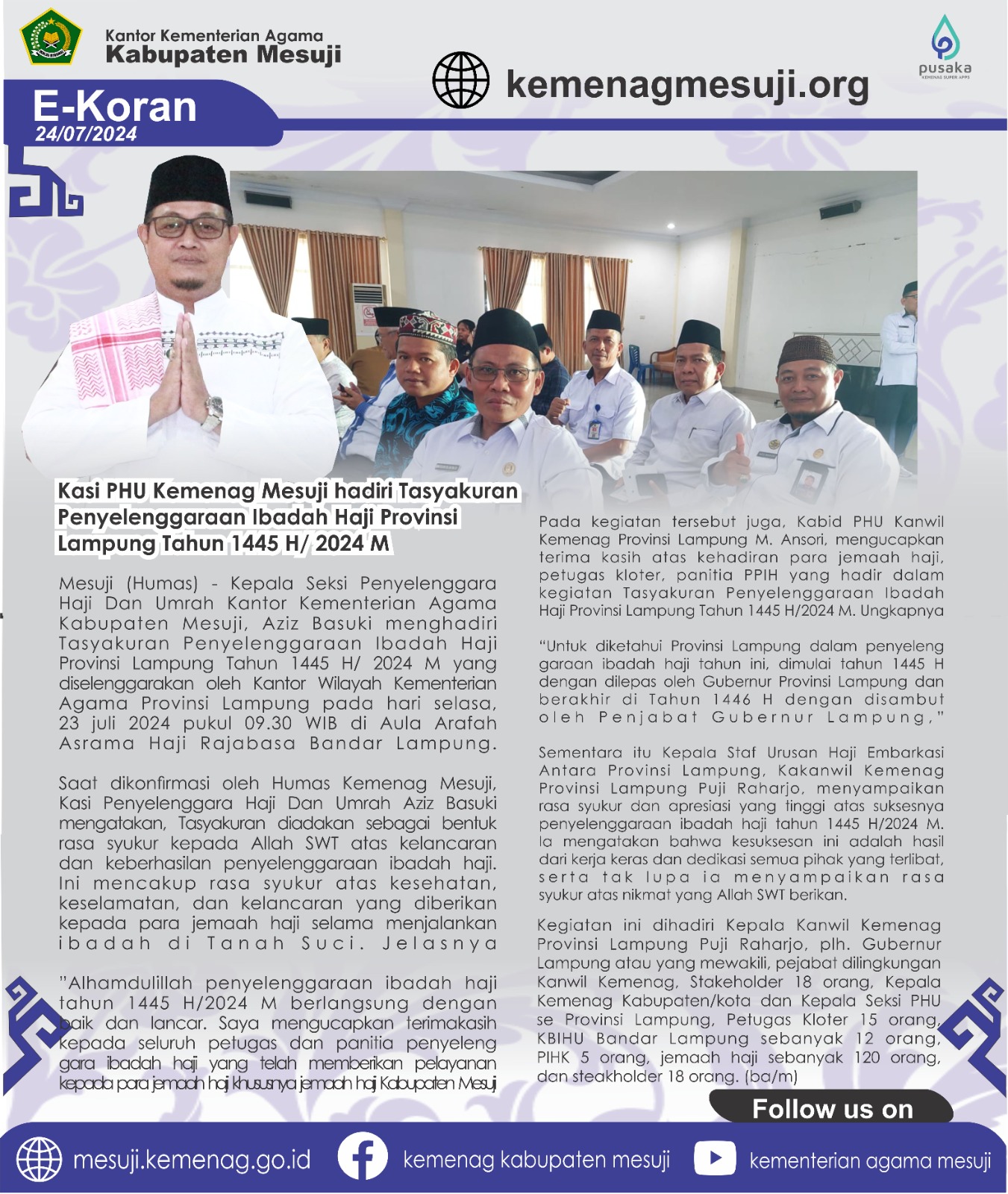 Kasi PHU Kemenag Mesuji hadiri Tasyakuran Penyelenggaraan Ibadah Haji Provinsi Lampung Tahun 1445 H/ 2024 M
