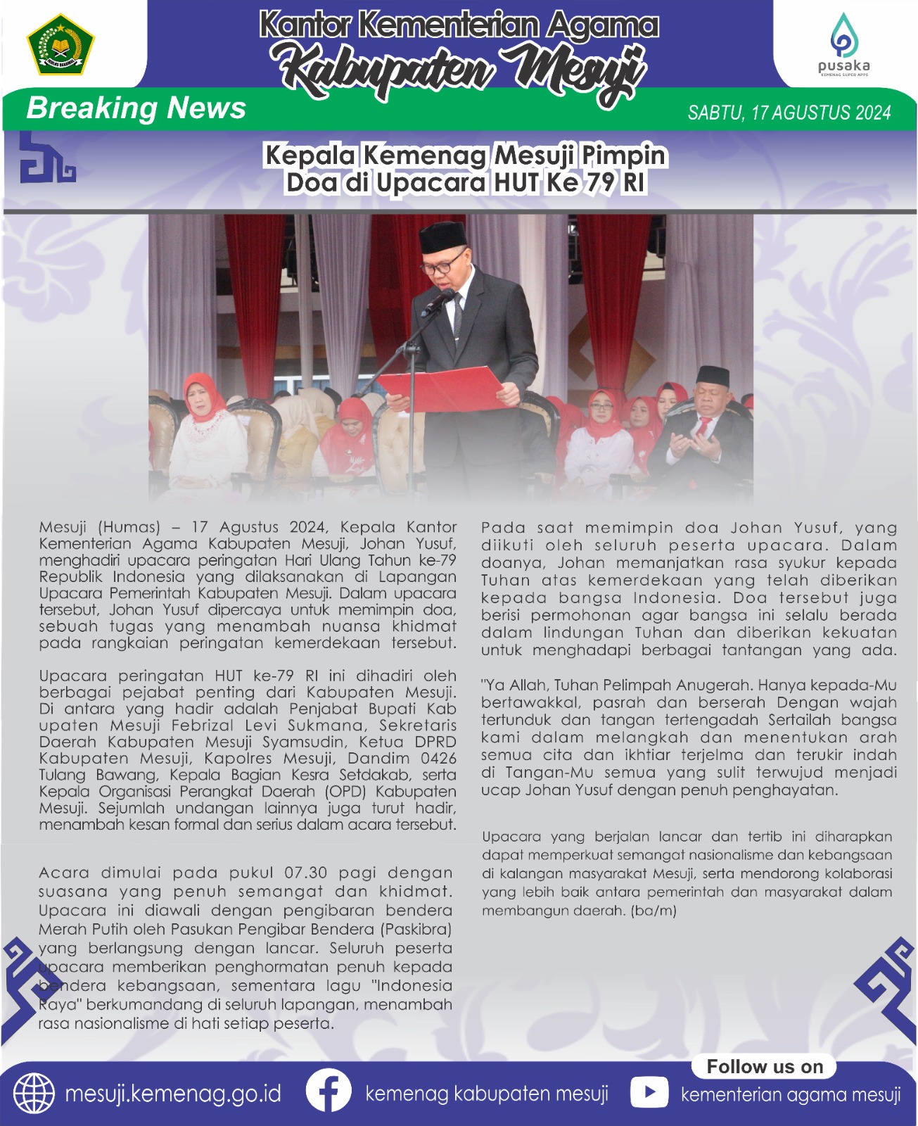 Kepala Kemenag Mesuji Pimpin Doa di Upacara HUT ke-79 RI