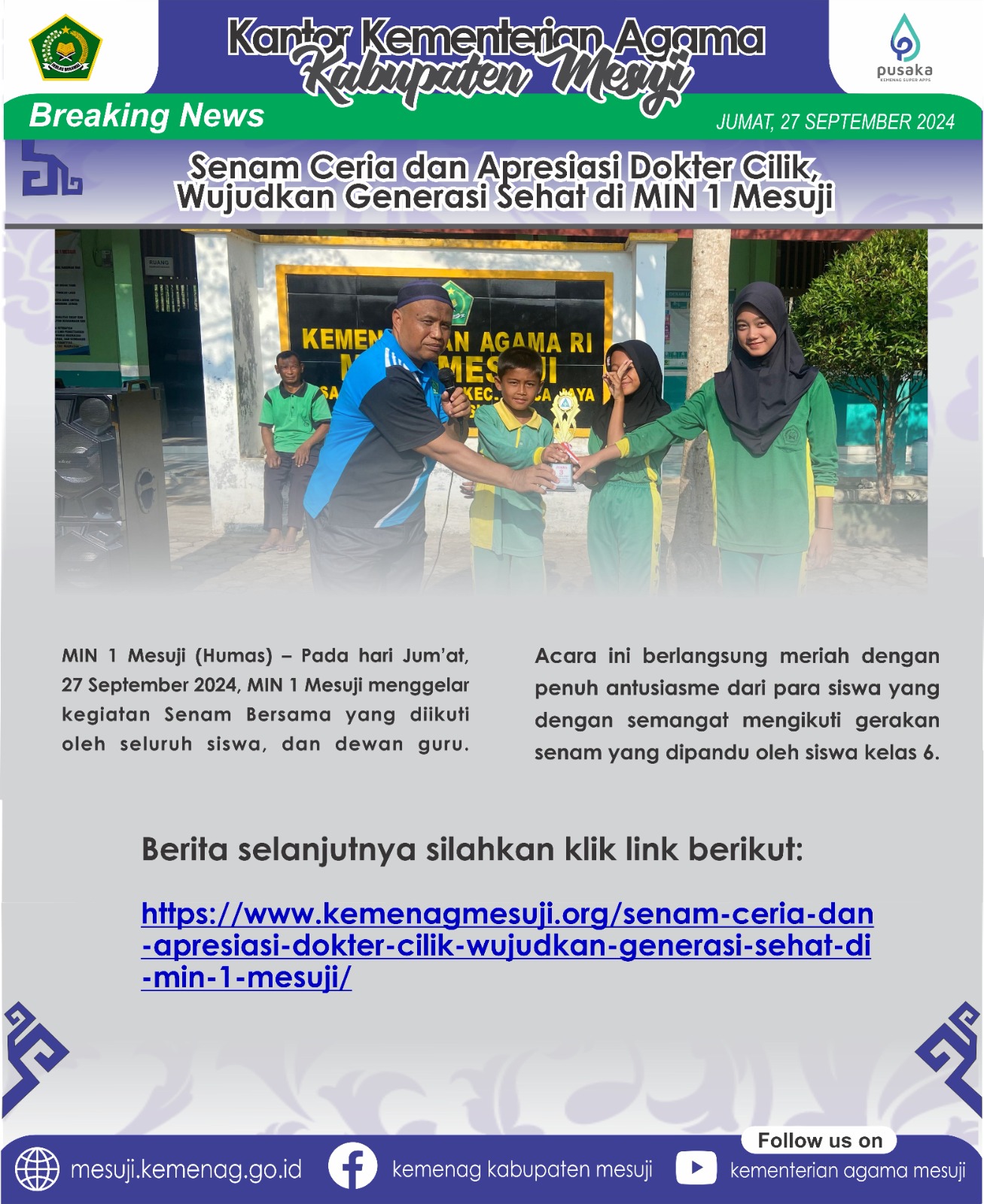 Senam Ceria dan Apresiasi Dokter Cilik, Wujudkan Generasi Sehat di MIN 1 Mesuji