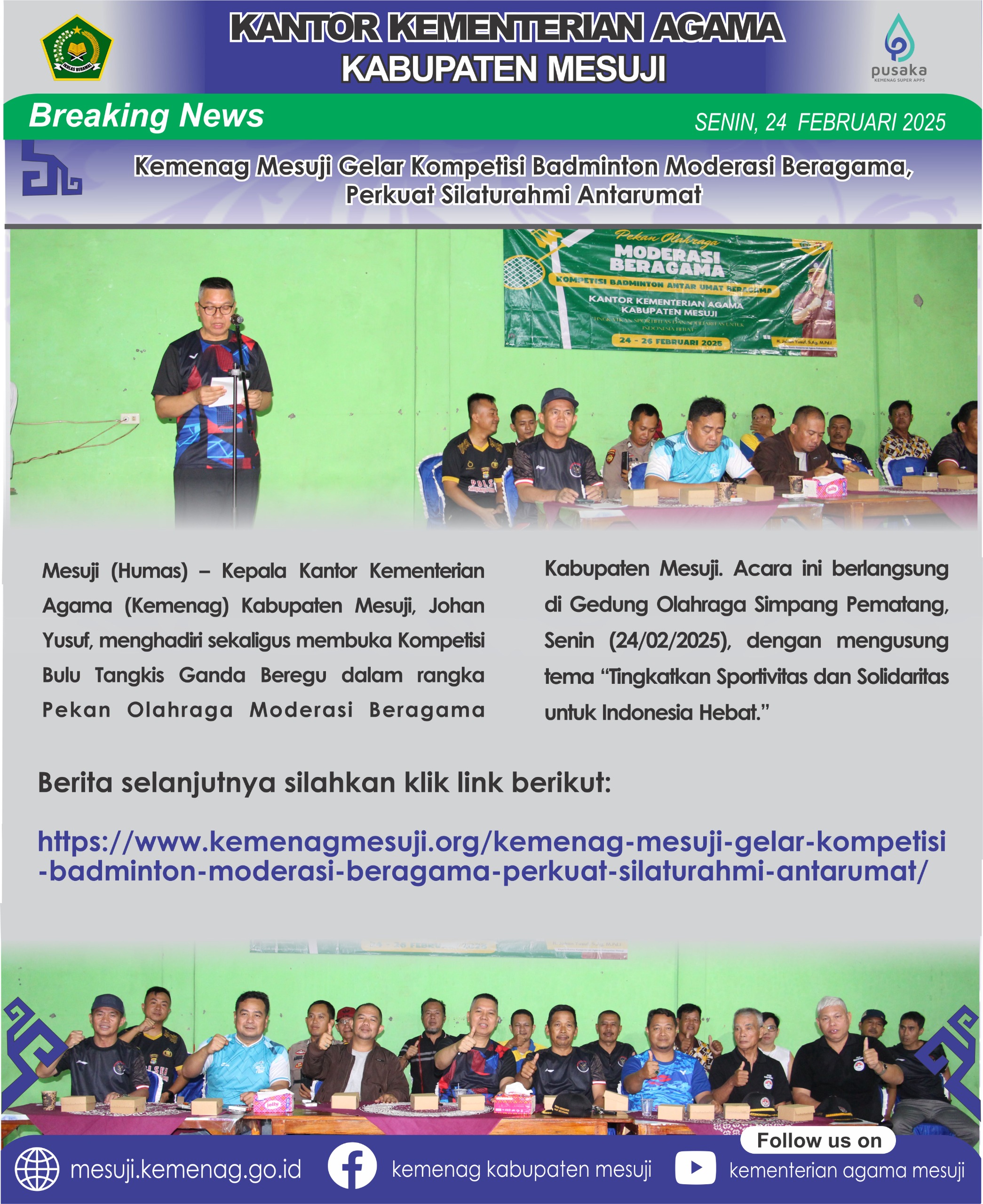 Kemenag Mesuji Gelar Kompetisi Badminton Moderasi Beragama, Perkuat Silaturahmi Antarumat