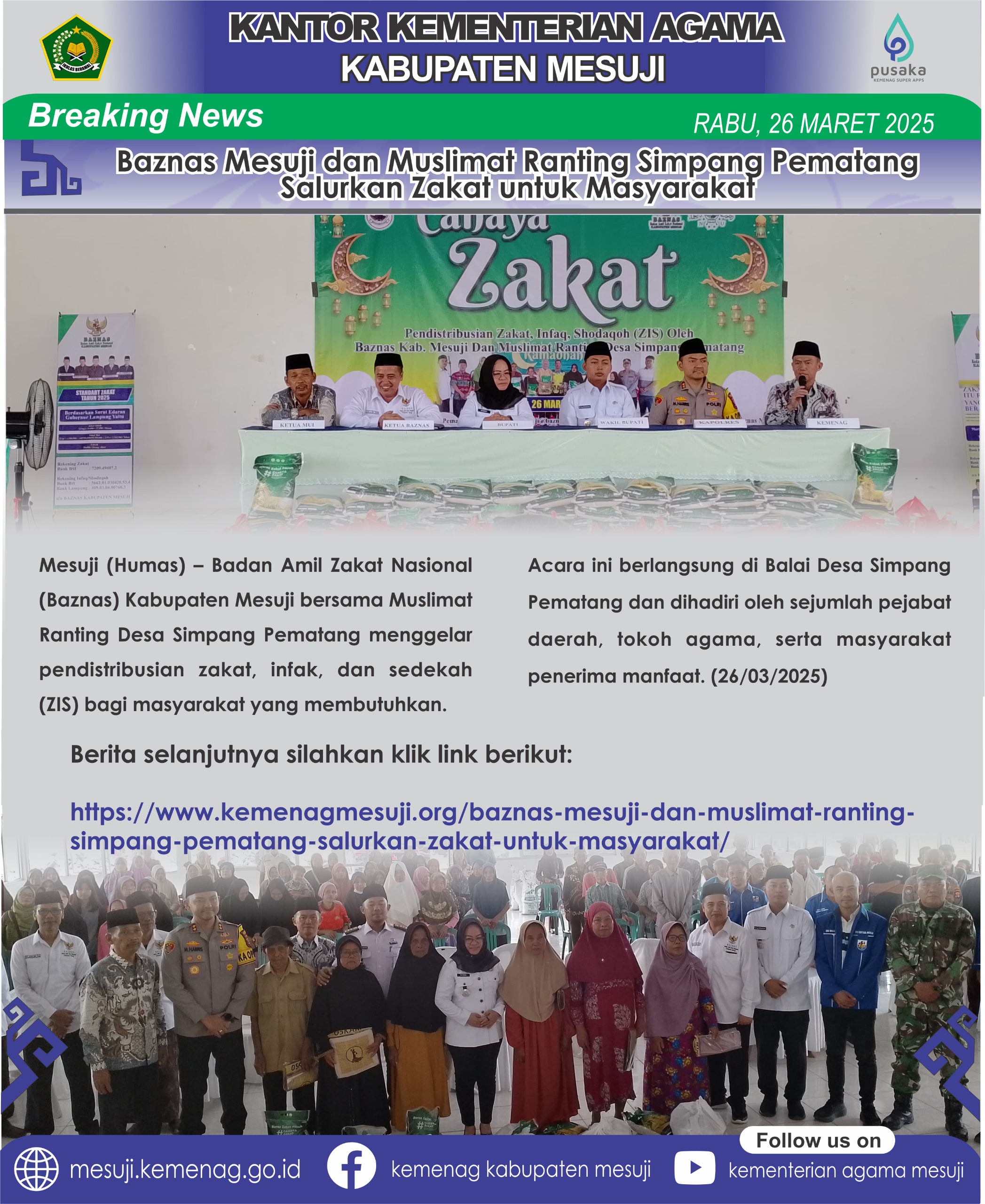 Baznas Mesuji dan Muslimat Ranting Simpang Pematang Salurkan Zakat untuk Masyarakat
