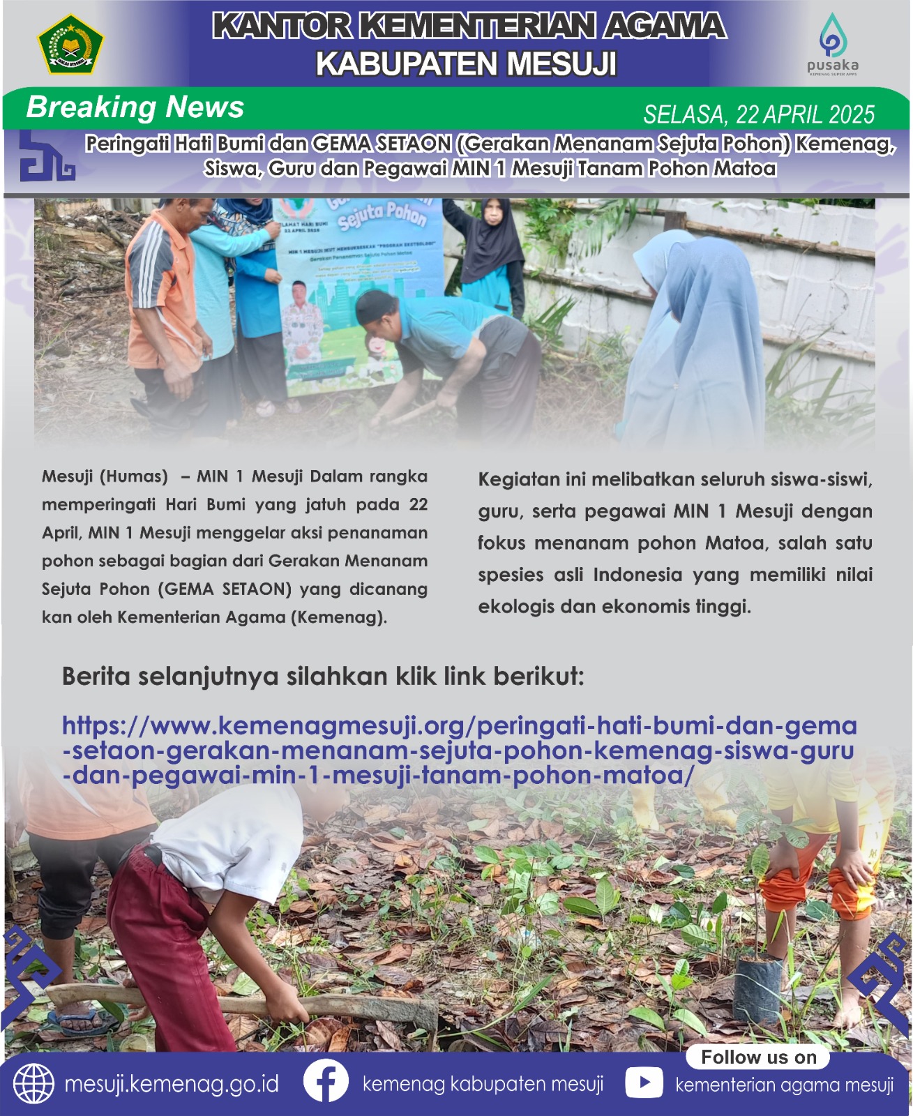Peringati Hati Bumi dan GEMA SETAON (Gerakan Menanam Sejuta Pohon) Kemenag, Siswa, Guru dan Pegawai MIN 1 Mesuji Tanam Pohon Matoa