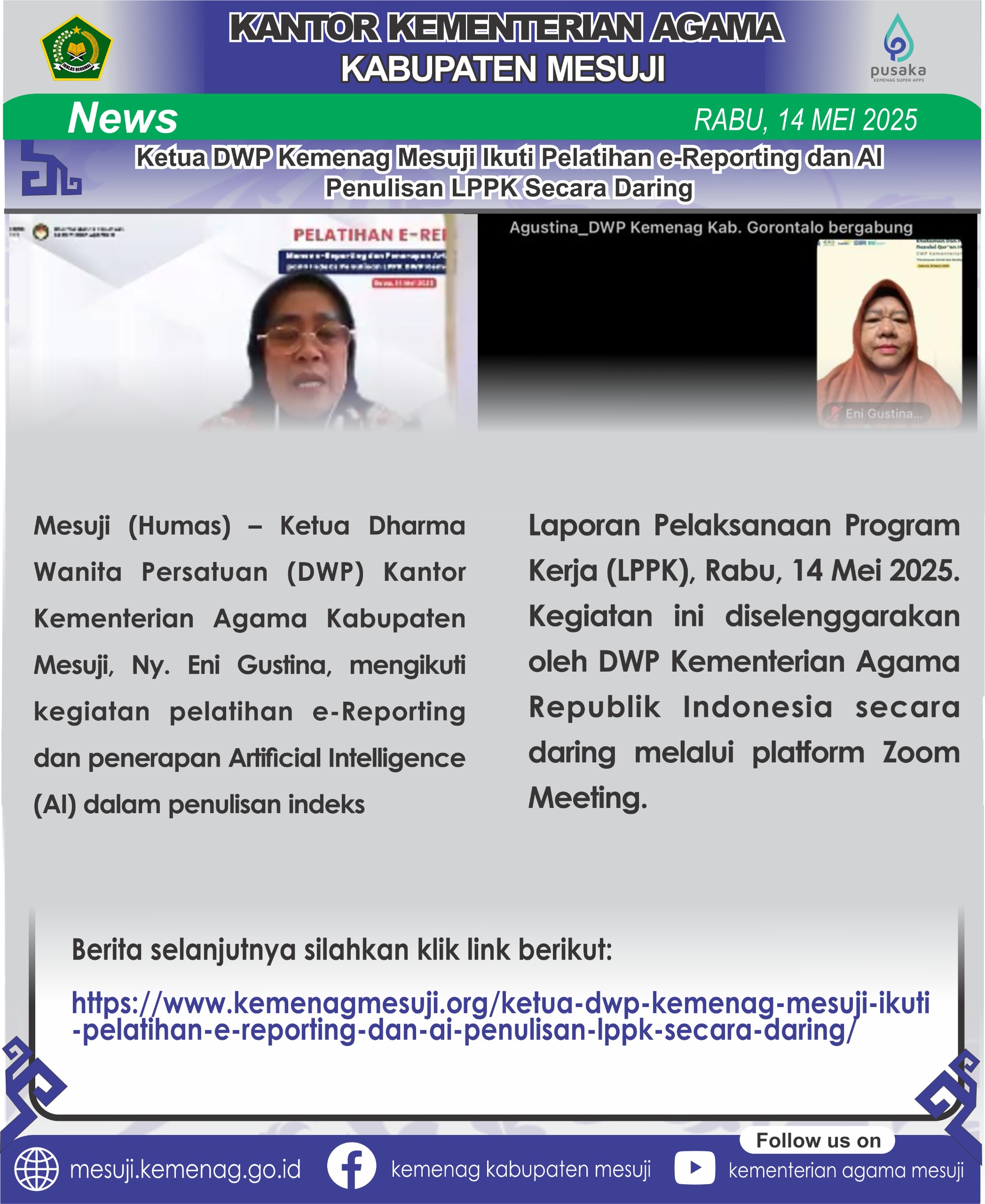 Ketua DWP Kemenag Mesuji Ikuti Pelatihan e-Reporting dan AI Penulisan LPPK Secara Daring