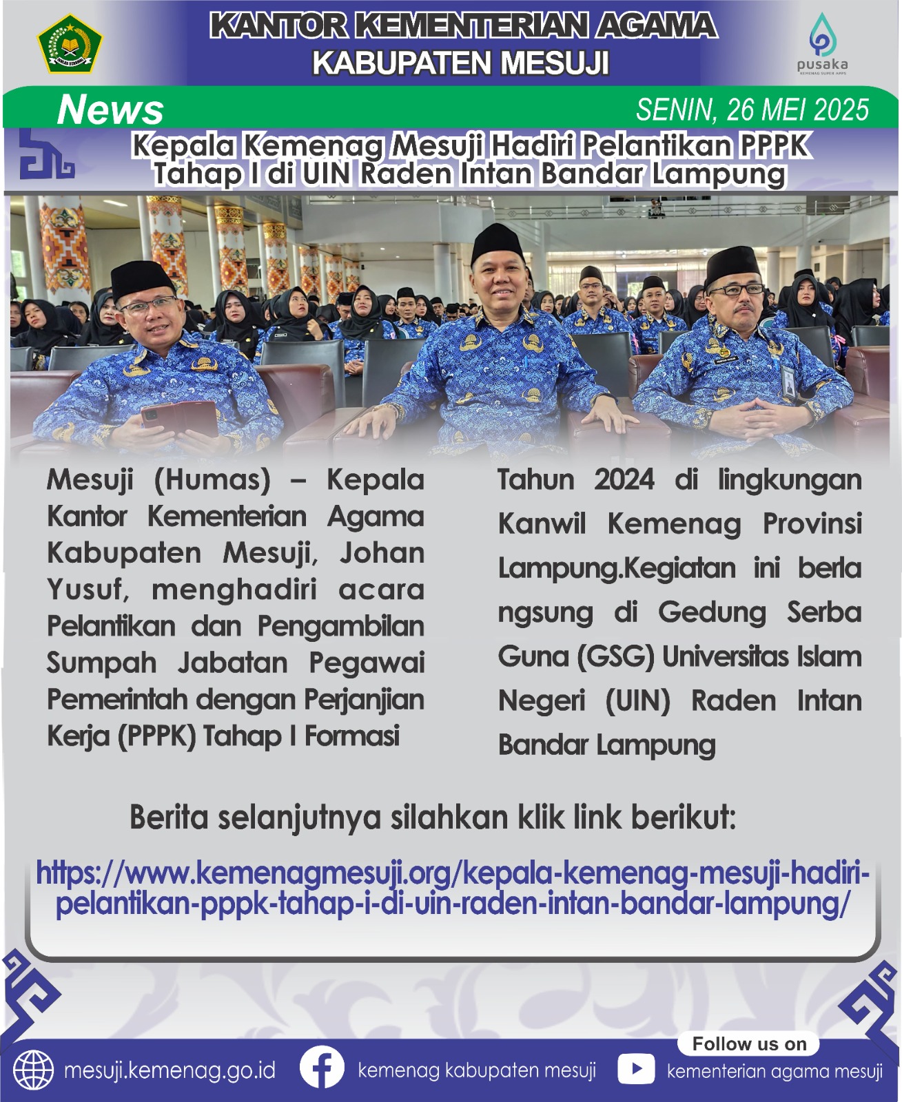 Kepala Kemenag Mesuji Hadiri Pelantikan PPPK Tahap I di UIN Raden Intan Bandar Lampung