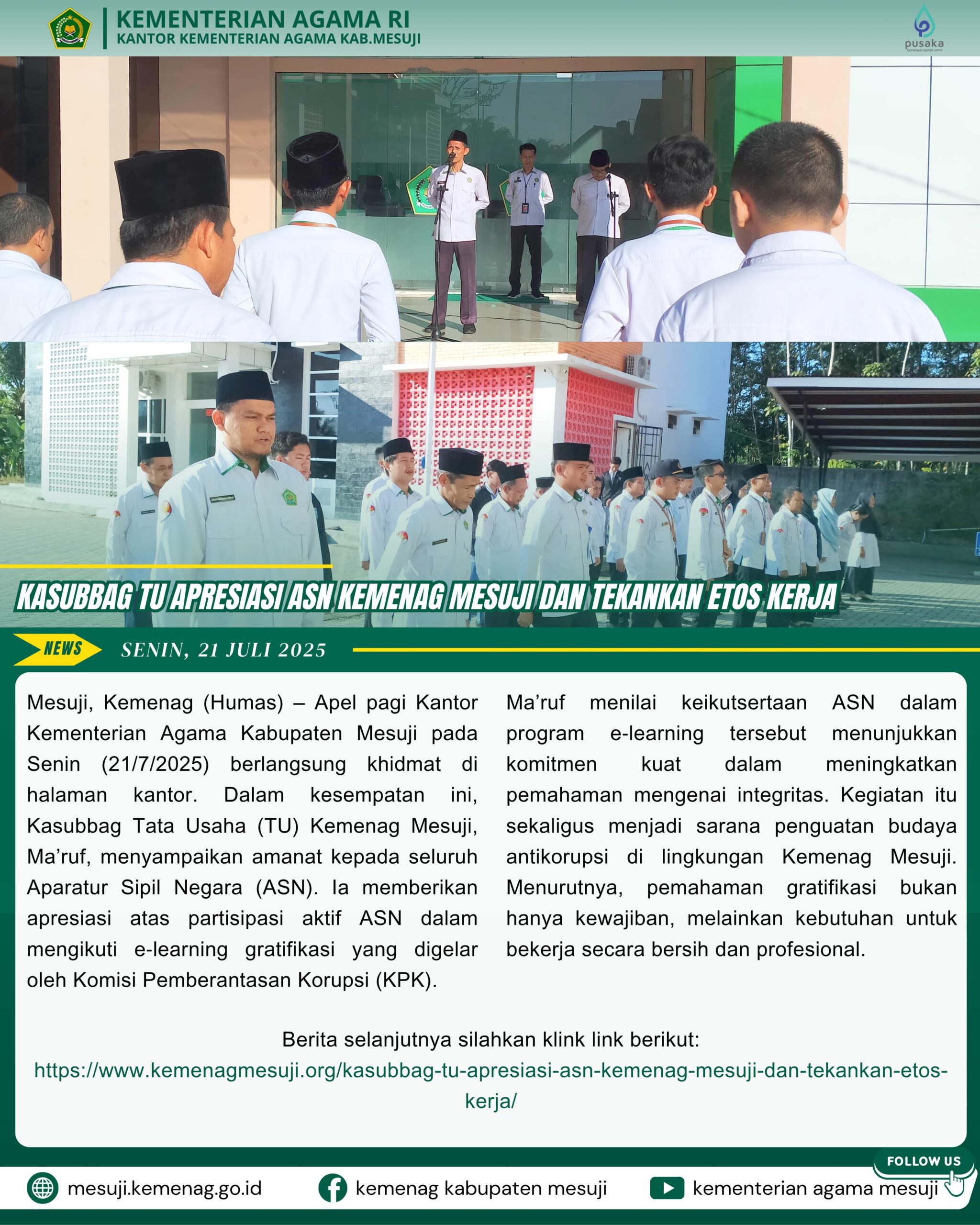 Kasubbag TU Apresiasi ASN Kemenag Mesuji dan Tekankan Etos Kerja