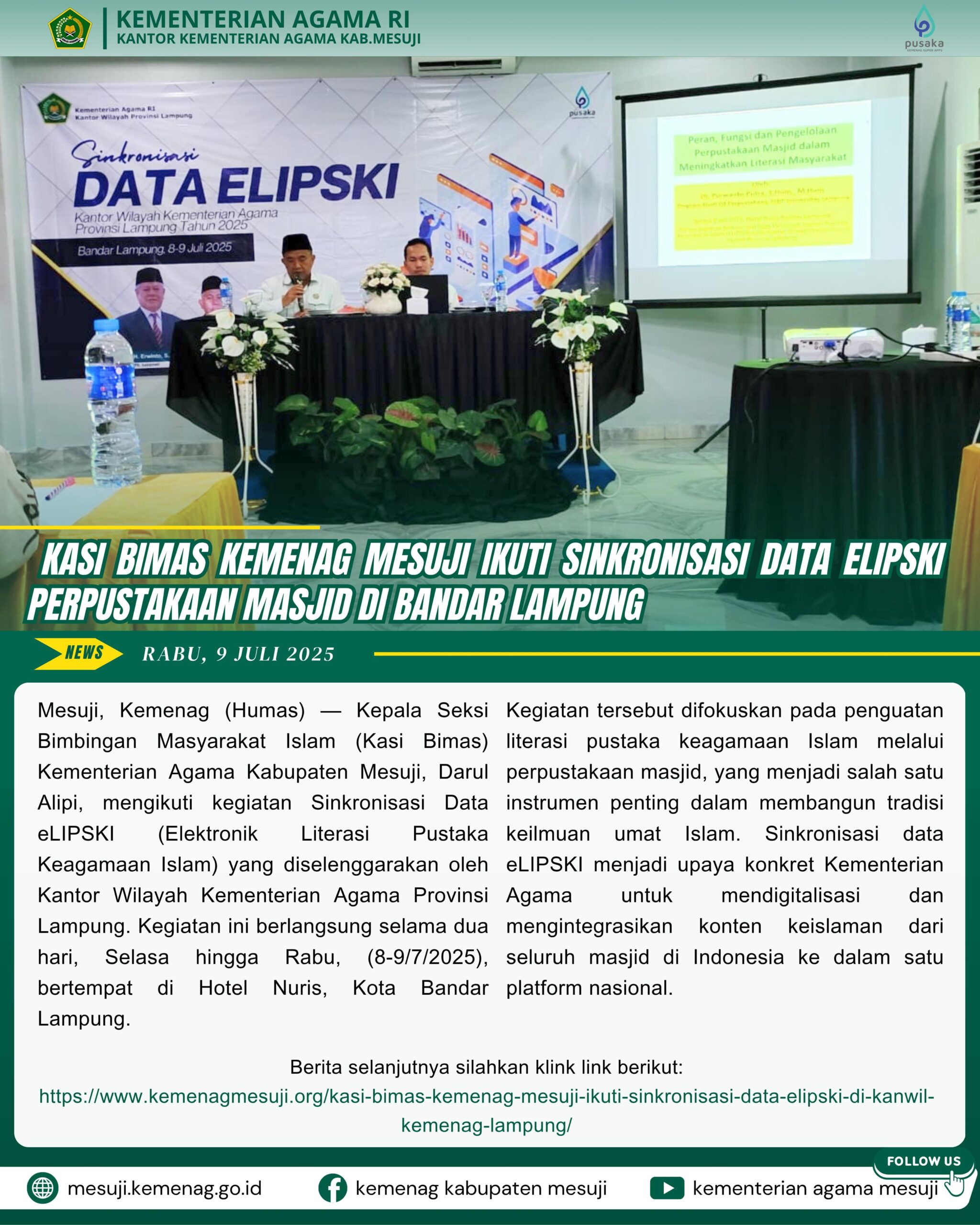 Kasi Bimas Kemenag Mesuji Ikuti Sinkronisasi Data eLIPSKI Perpustakaan Masjid di Kanwil Kemenag Lampung