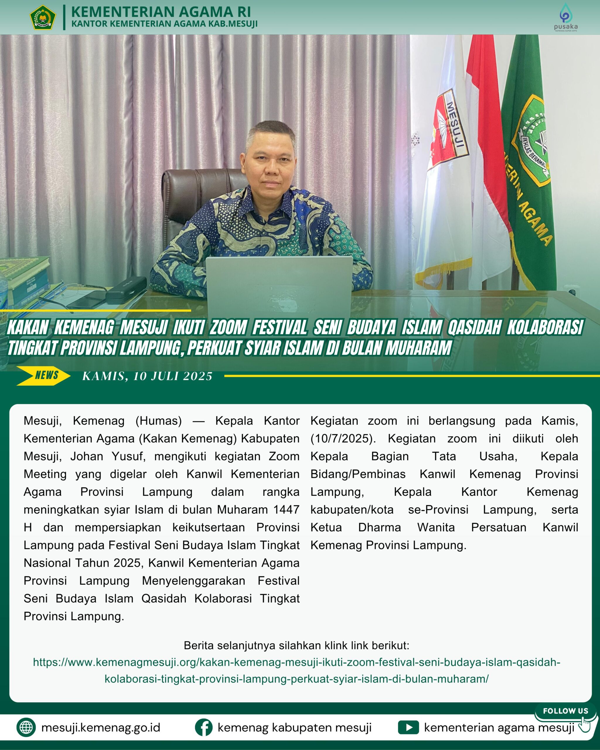 Kakan Kemenag Mesuji Ikuti Zoom Festival Seni Budaya Islam Qasidah Kolaborasi Tingkat Provinsi Lampung, Perkuat Syiar Islam di Bulan Muharam