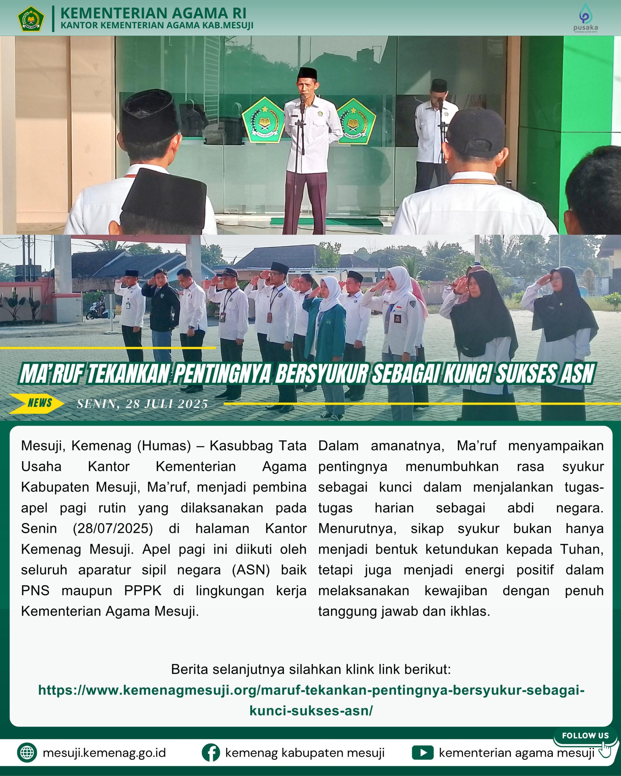 Ma’ruf Tekankan Pentingnya Bersyukur sebagai Kunci Sukses ASN