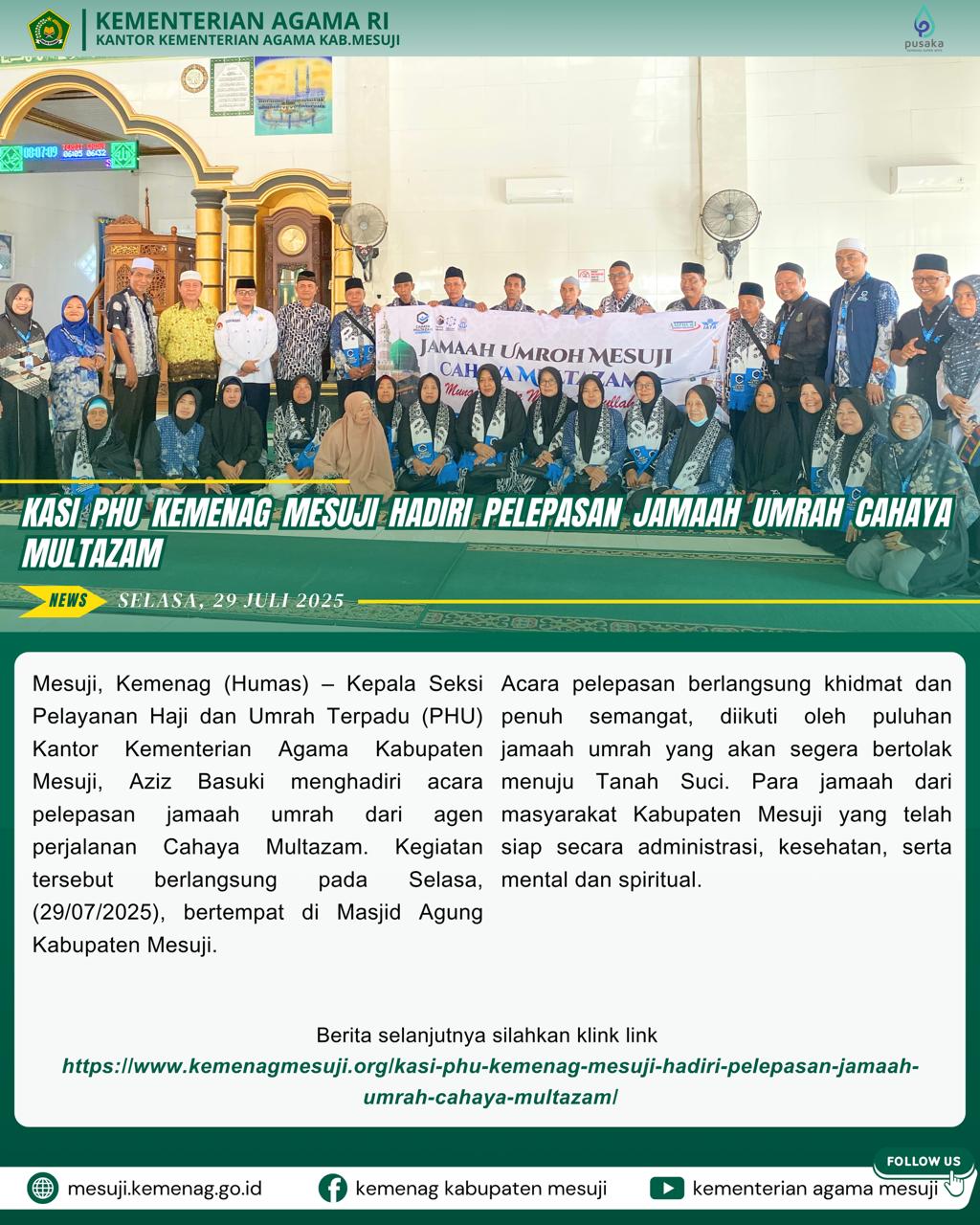 Kasi PHU Kemenag Mesuji Hadiri Pelepasan Jamaah Umrah Cahaya Multazam