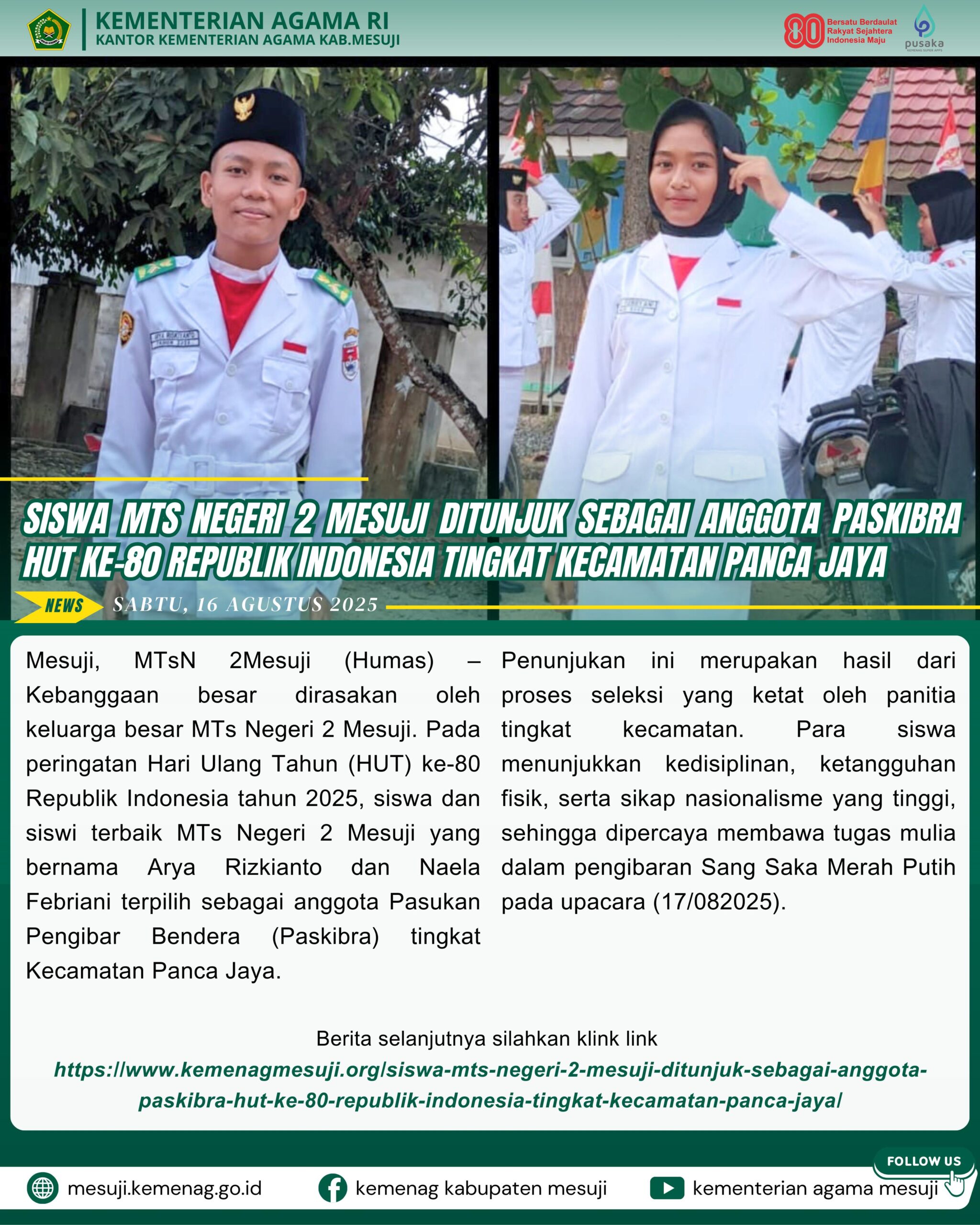 Siswa MTs Negeri 2 Mesuji Ditunjuk Sebagai Anggota Paskibra HUT ke-80 Republik Indonesia Tingkat Kecamatan Panca Jaya