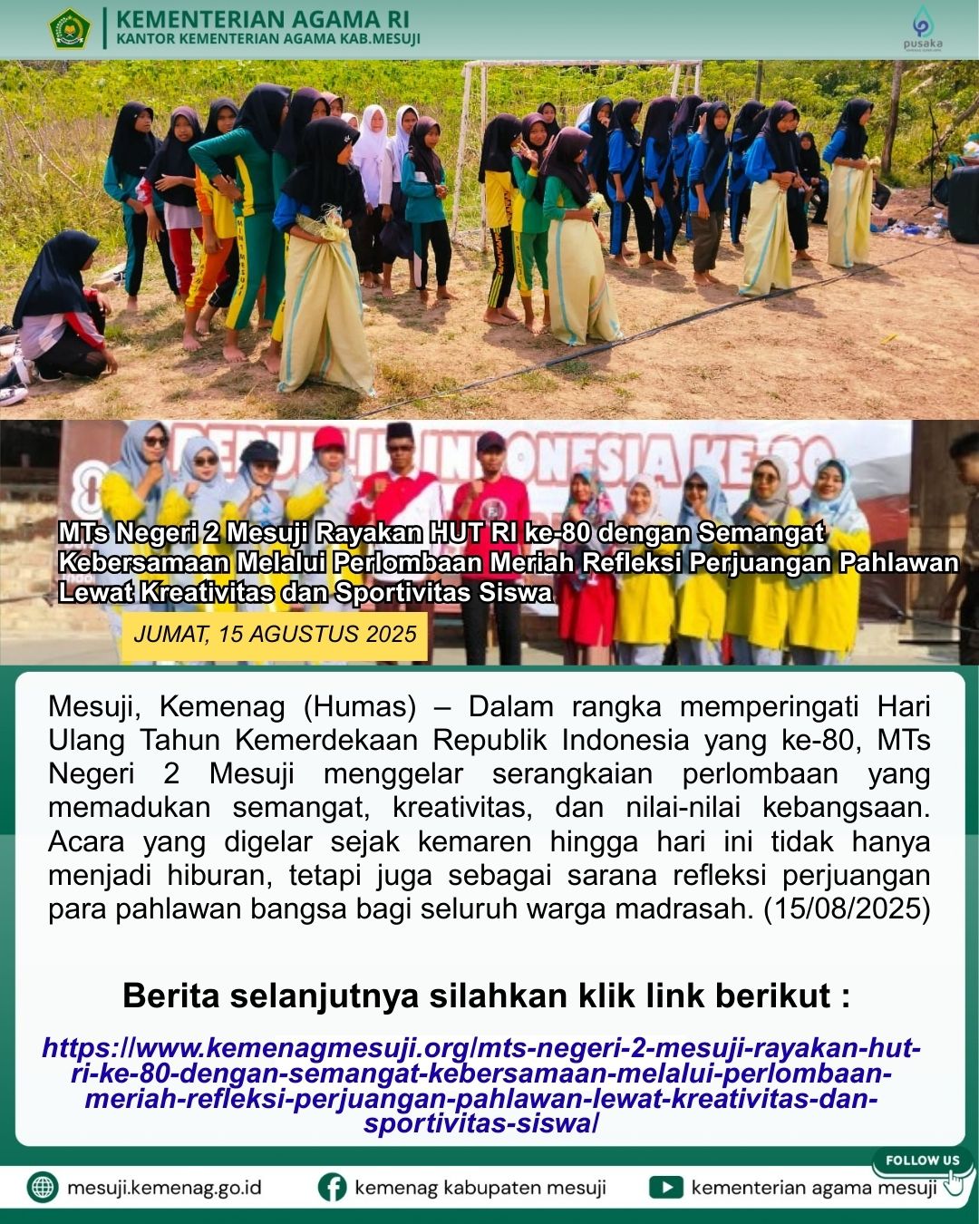 MTs Negeri 2 Mesuji Rayakan HUT RI ke-80 dengan Semangat Kebersamaan Melalui Perlombaan Meriah Refleksi Perjuangan Pahlawan Lewat Kreativitas dan Sportivitas Siswa