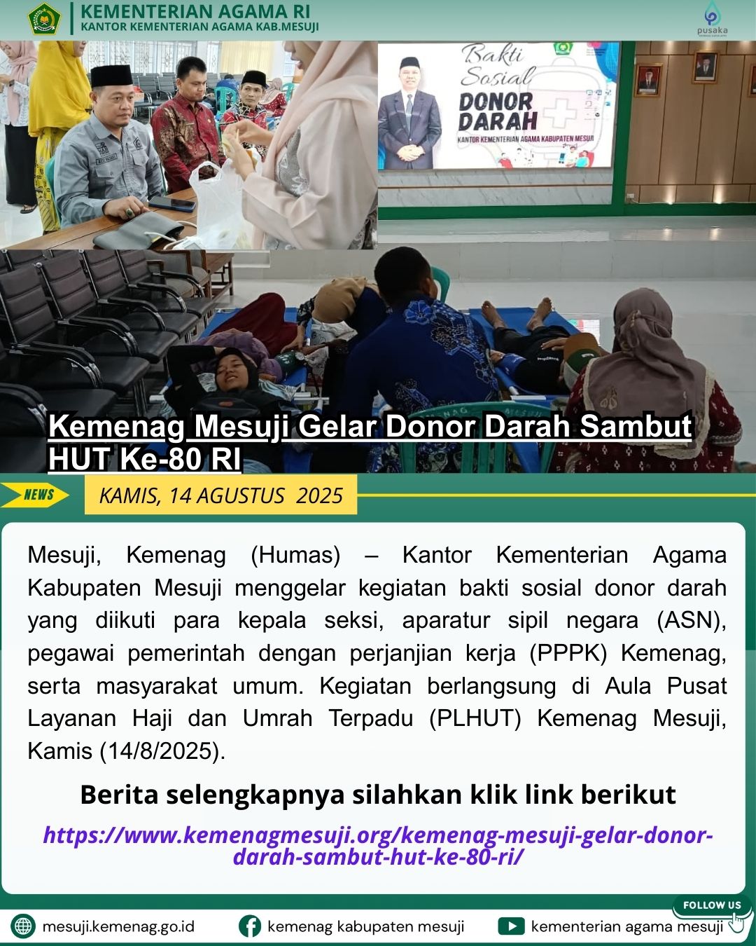 Kemenag Mesuji Gelar Donor Darah Sambut HUT Ke-80 RI