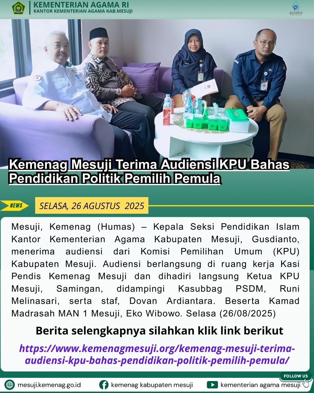 Kemenag Mesuji Terima Audiensi KPU Bahas Pendidikan Politik Pemilih Pemula