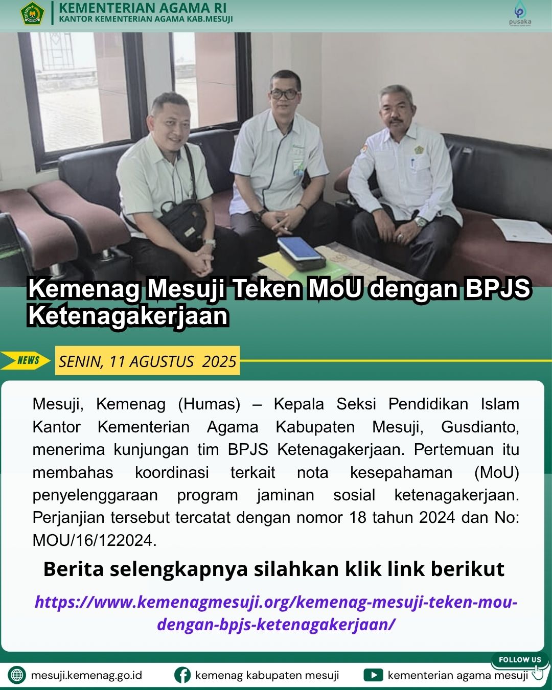 Kemenag Mesuji Teken MoU dengan BPJS Ketenagakerjaan
