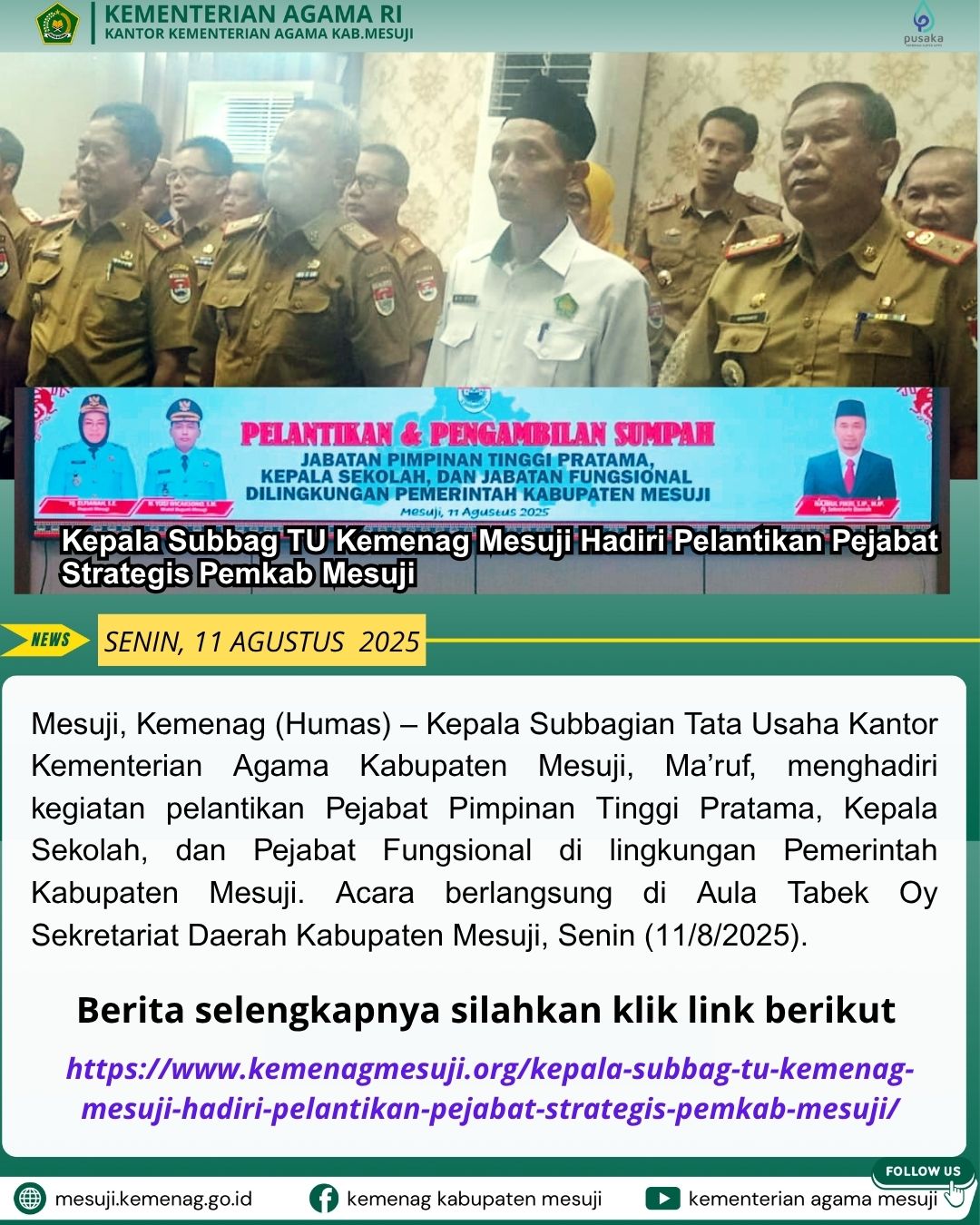 Kepala Subbag TU Kemenag Mesuji Hadiri Pelantikan Pejabat Strategis Pemkab Mesuji