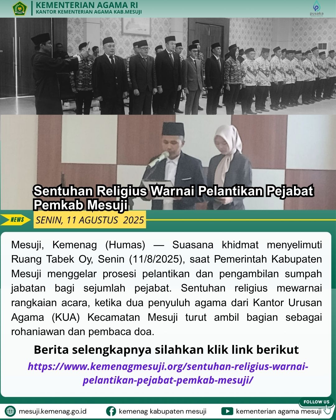 Sentuhan Religius Warnai Pelantikan Pejabat Pemkab Mesuji