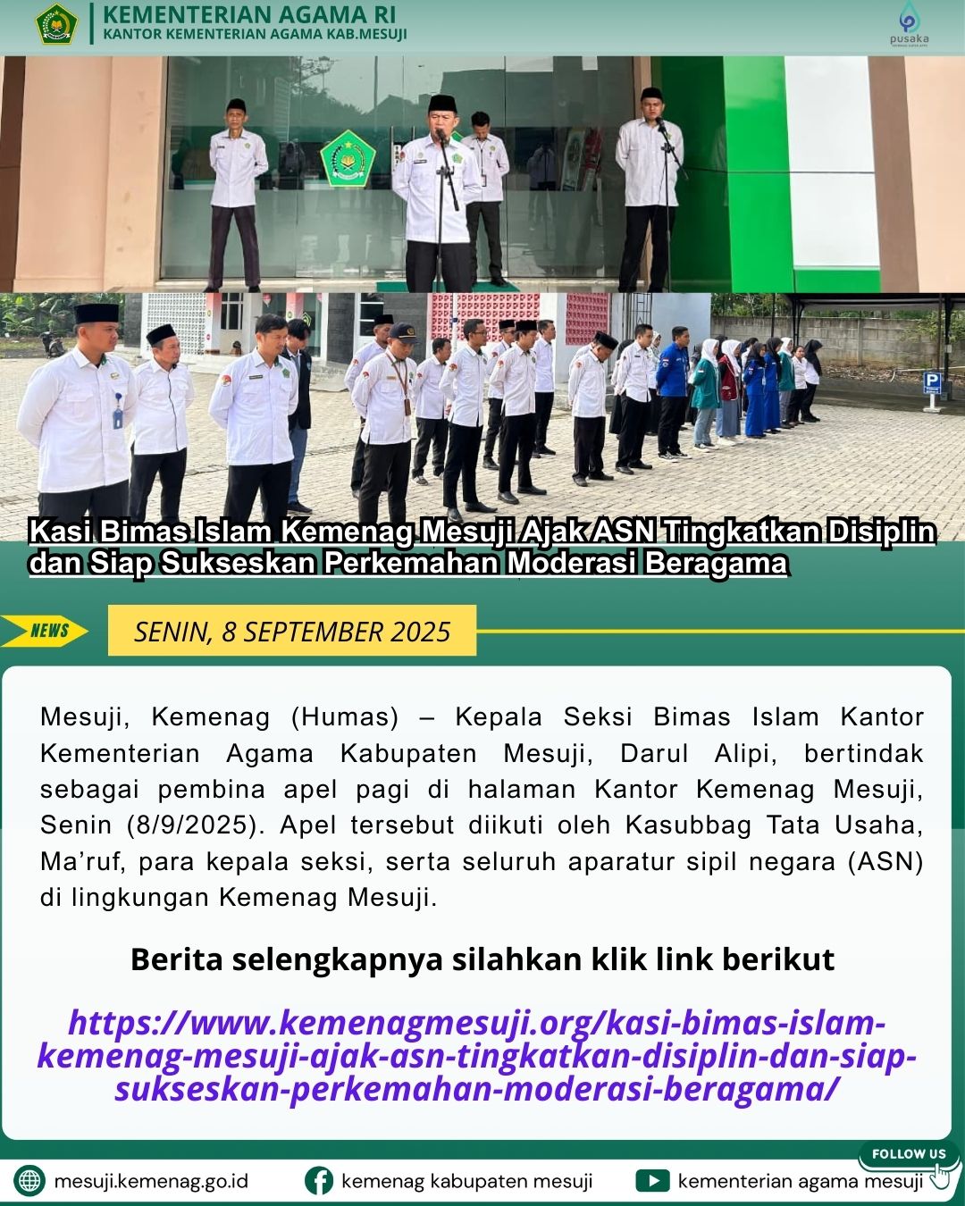 Kasi Bimas Islam Kemenag Mesuji Ajak ASN Tingkatkan Disiplin dan Siap Sukseskan Perkemahan Moderasi Beragama