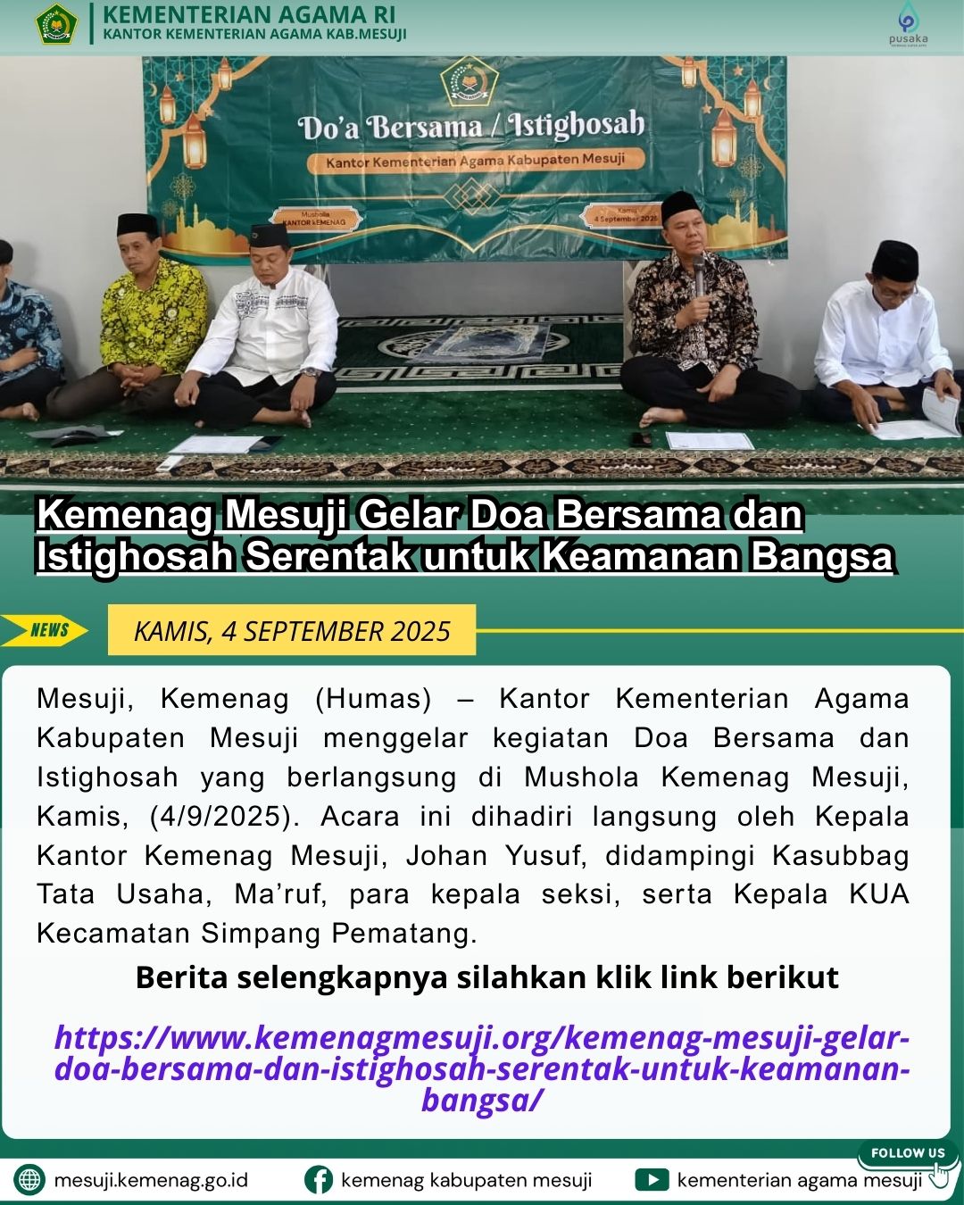 Kemenag Mesuji Gelar Doa Bersama dan Istighosah Serentak untuk Keamanan Bangsa