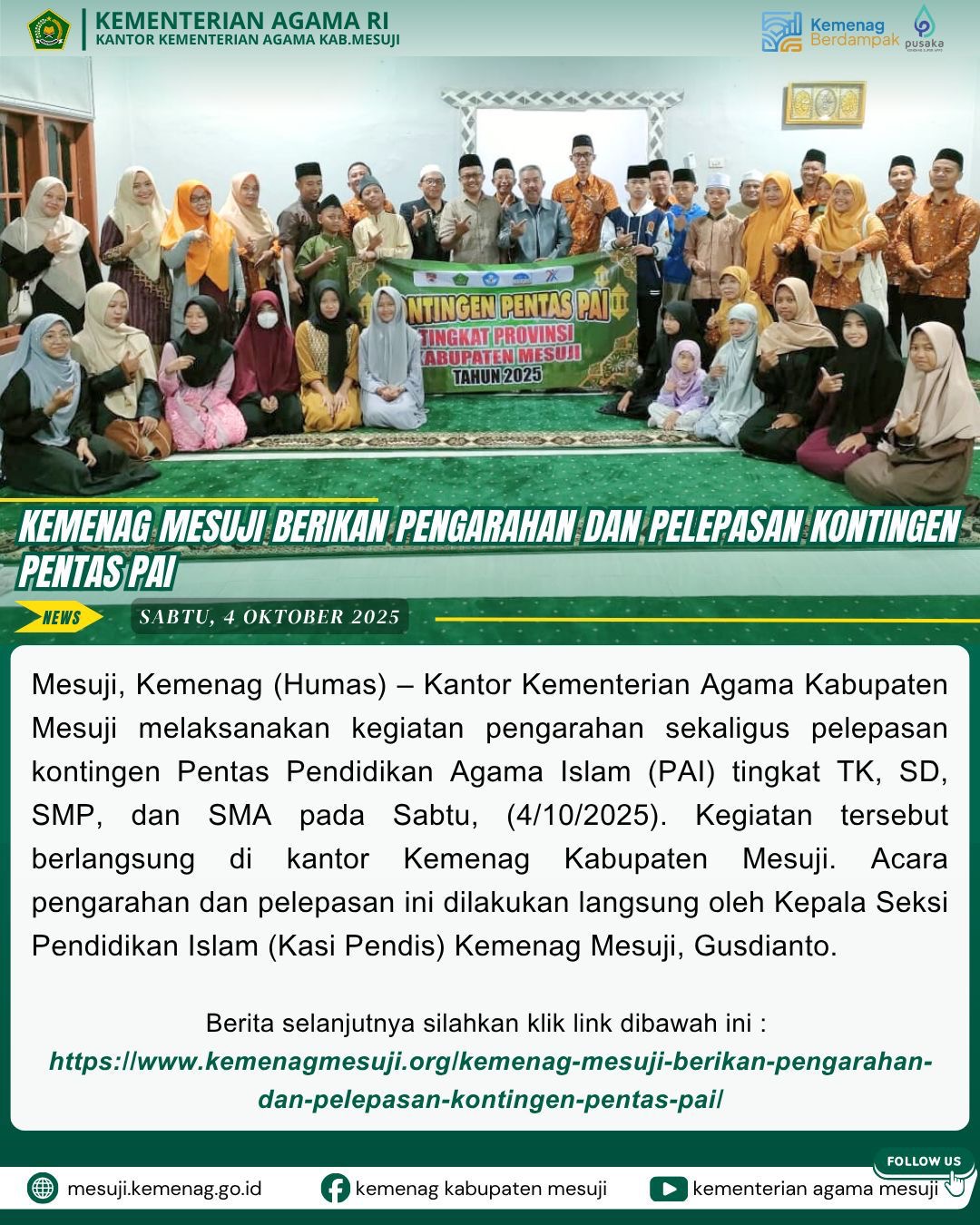 Kemenag Mesuji berikan Pengarahan dan Pelepasan Kontingen Pentas PAI