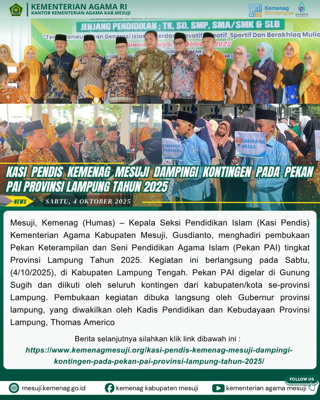 Kasi Pendis Kemenag Mesuji Dampingi Kontingen pada Pekan PAI Provinsi Lampung Tahun 2025