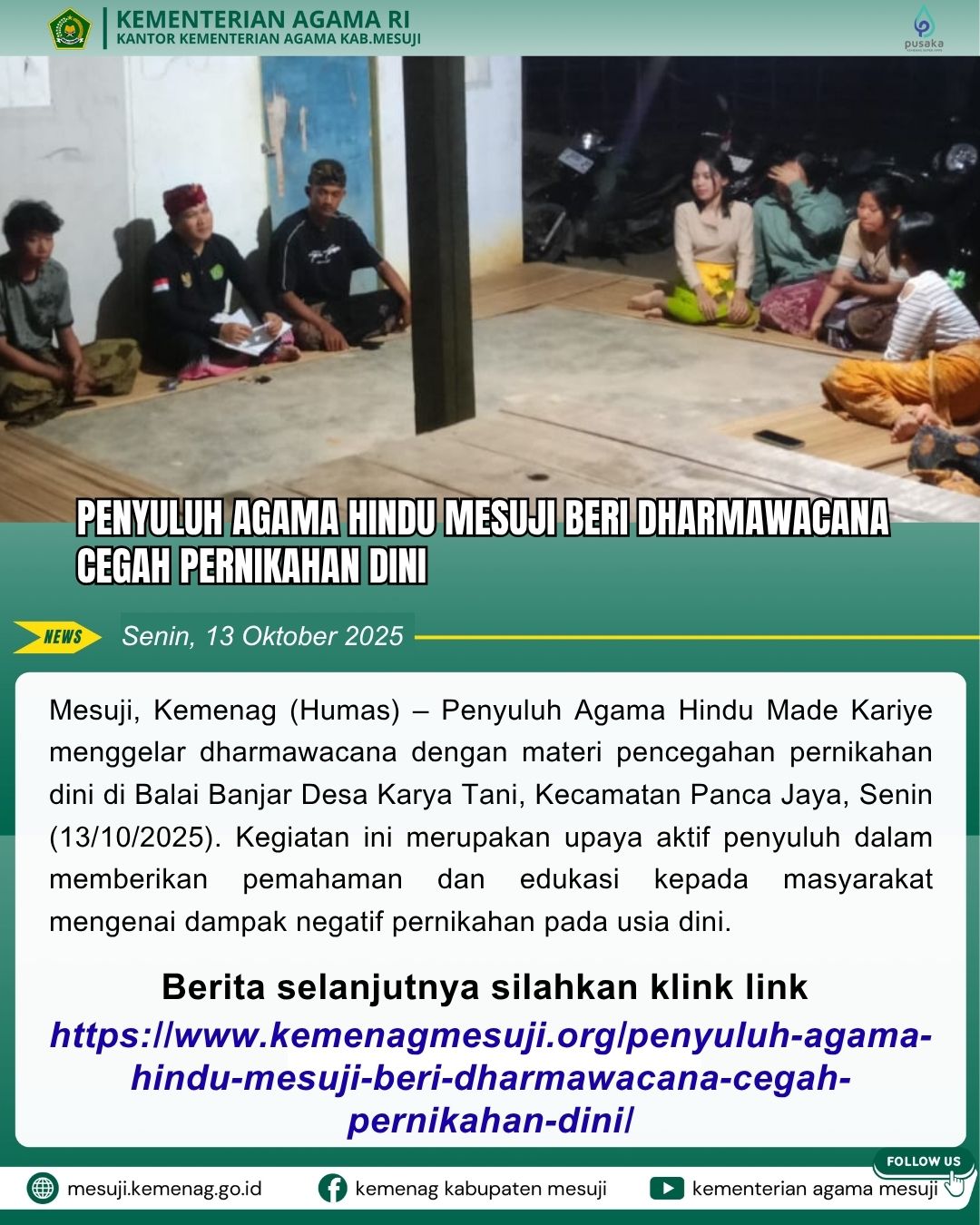 Penyuluh Agama Hindu Mesuji Beri Dharmawacana Cegah Pernikahan Dini