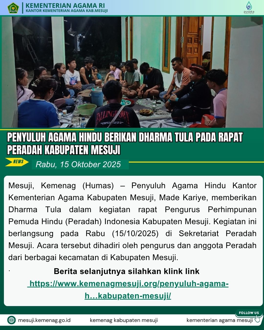 PENYULUH AGAMA HINDU BERIKAN DHARMA TULA PADA RAPAT PERADAH KABUPATEN MESUJI