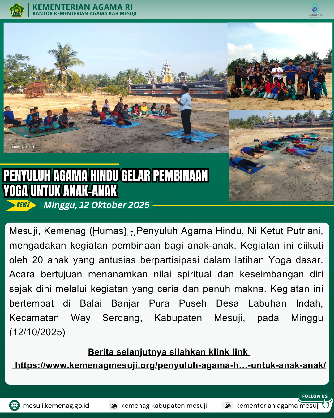 Penyuluh Agama Hindu Gelar Pembinaan Yoga Untuk Anak-Anak