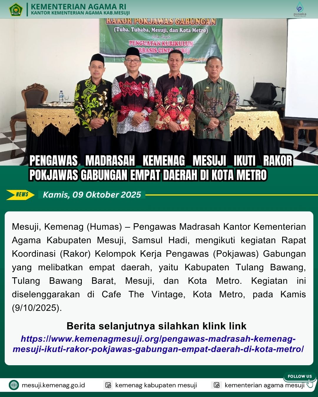 Pengawas Madrasah Kemenag Mesuji Ikuti Rakor Pokjawas Gabungan Empat Daerah di Kota Metro
